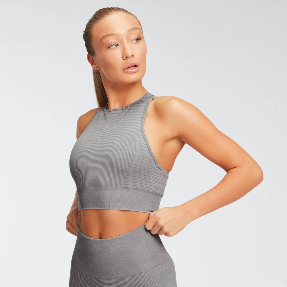 Padded Sports Bra Crop Top in Gray Ribbed